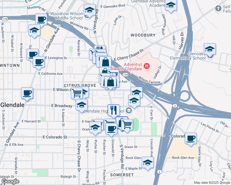 map of restaurants, bars, coffee shops, grocery stores, and more near 1420 East Wilson Avenue in Glendale