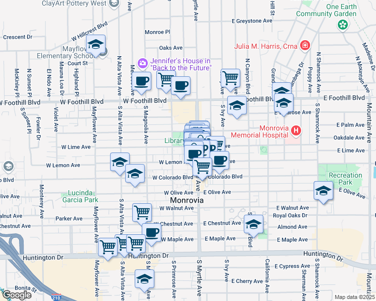 map of restaurants, bars, coffee shops, grocery stores, and more near 116 West Lime Avenue in Monrovia