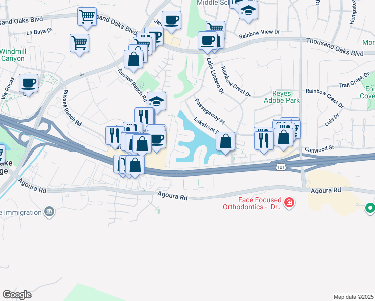map of restaurants, bars, coffee shops, grocery stores, and more near 30705 Davey Jones Drive in Agoura Hills