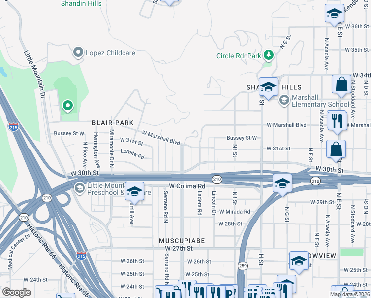 map of restaurants, bars, coffee shops, grocery stores, and more near 3075 Muscupiabe Drive in San Bernardino