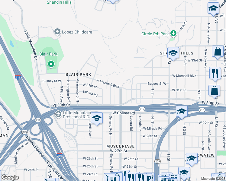 map of restaurants, bars, coffee shops, grocery stores, and more near 3045 Serrano Road North in San Bernardino