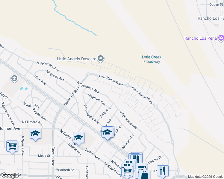 map of restaurants, bars, coffee shops, grocery stores, and more near 5891 North Sycamore Avenue in Rialto