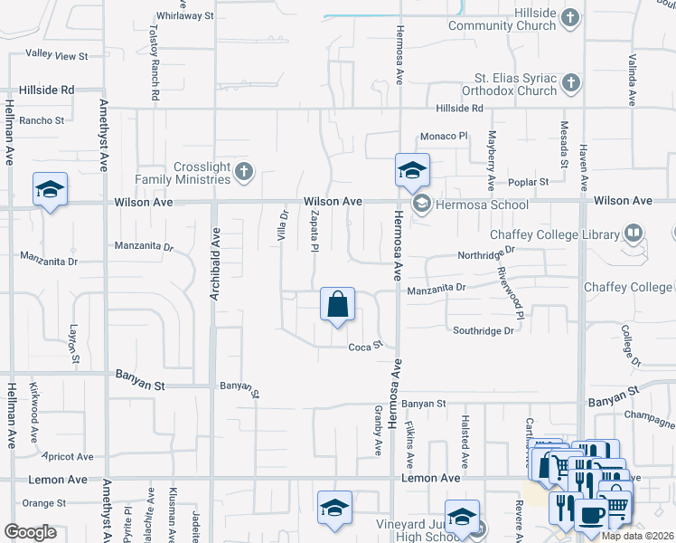 map of restaurants, bars, coffee shops, grocery stores, and more near 9936 Manzanita Drive in Rancho Cucamonga