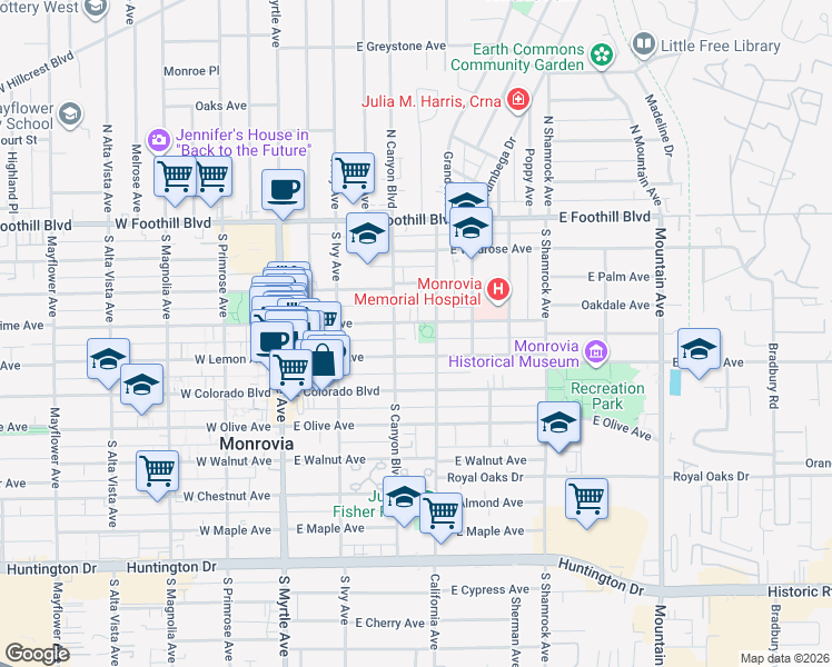 map of restaurants, bars, coffee shops, grocery stores, and more near 416 South Canyon Boulevard in Monrovia