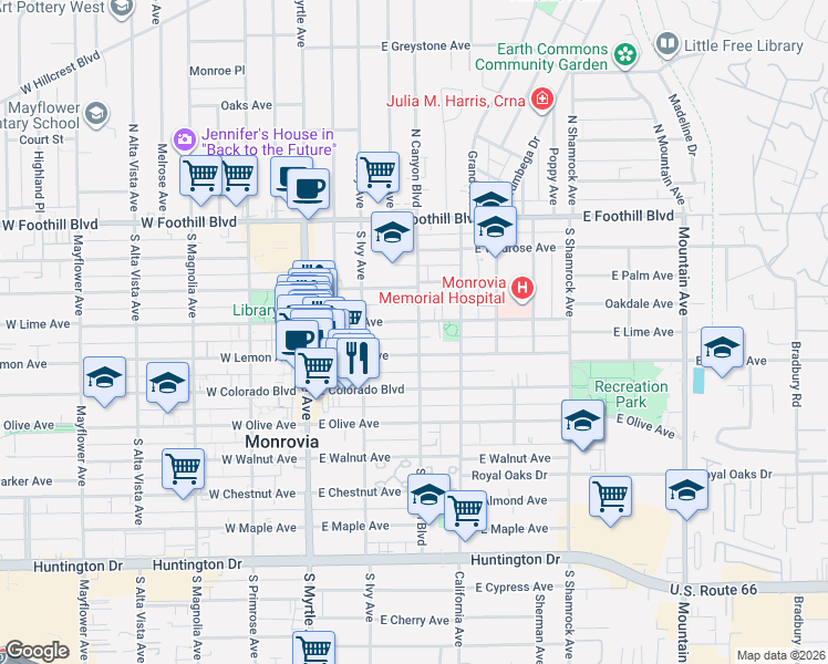 map of restaurants, bars, coffee shops, grocery stores, and more near 228 East Lime Avenue in Monrovia