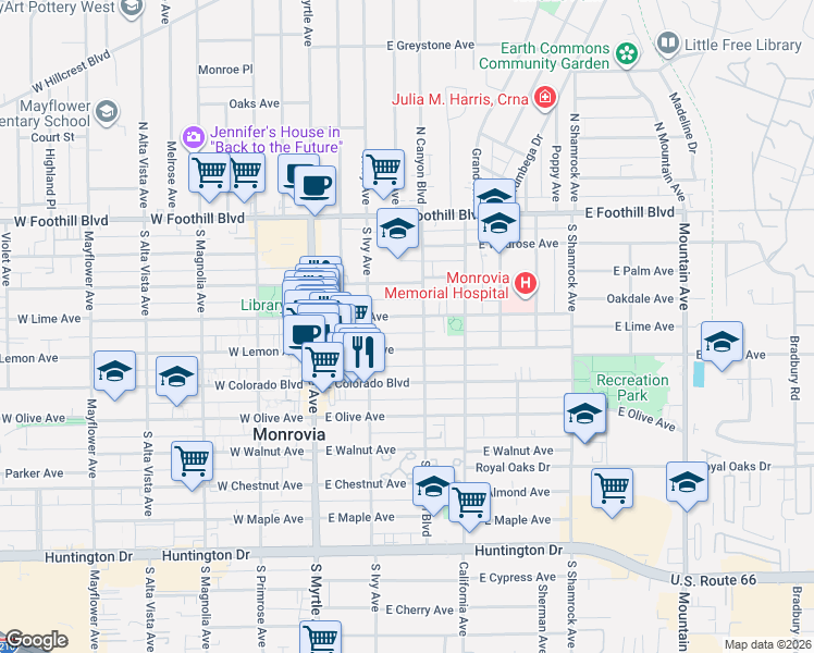 map of restaurants, bars, coffee shops, grocery stores, and more near 228 East Lime Avenue in Monrovia