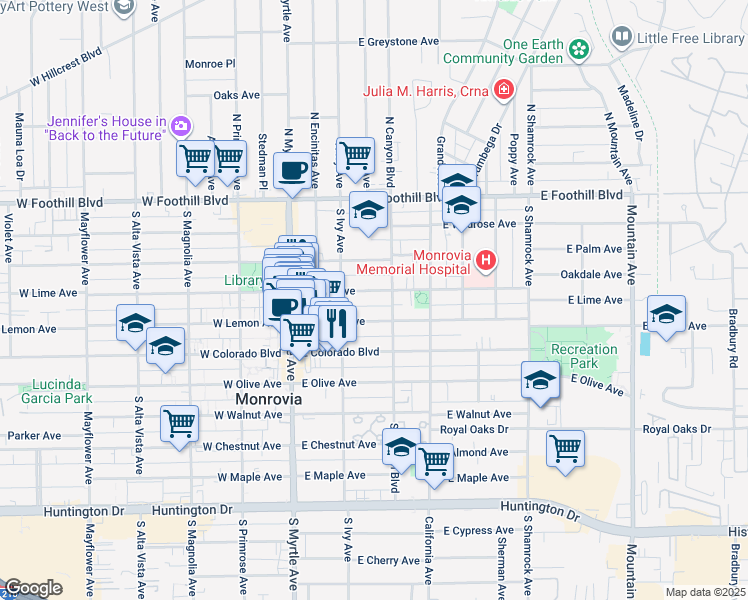 map of restaurants, bars, coffee shops, grocery stores, and more near 228 East Lime Avenue in Monrovia