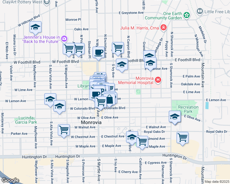 map of restaurants, bars, coffee shops, grocery stores, and more near 415 South Ivy Avenue in Monrovia