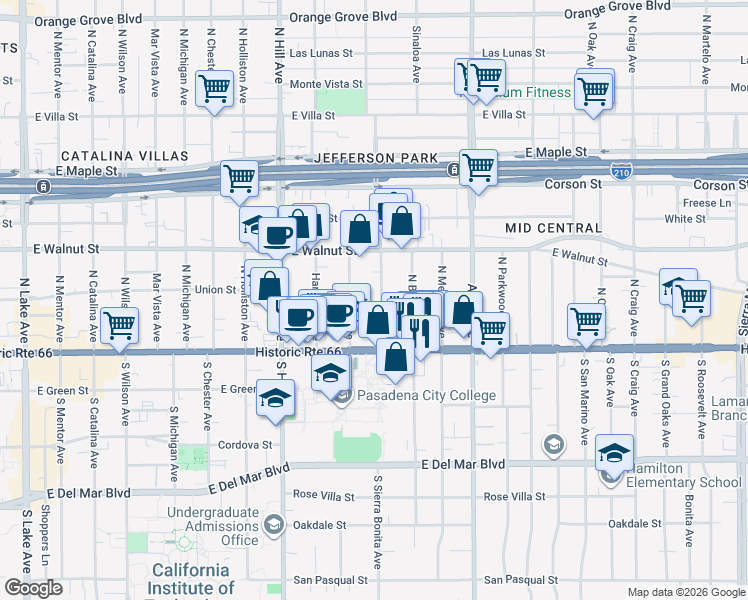 map of restaurants, bars, coffee shops, grocery stores, and more near 81 North Sierra Bonita Avenue in Pasadena