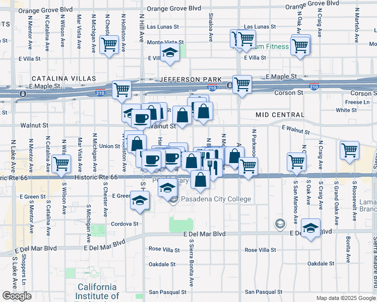 map of restaurants, bars, coffee shops, grocery stores, and more near 81 North Sierra Bonita Avenue in Pasadena