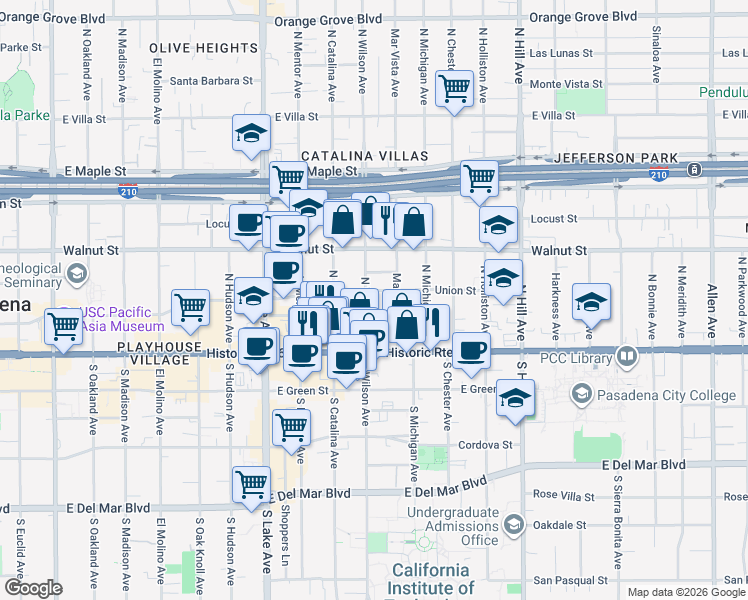 map of restaurants, bars, coffee shops, grocery stores, and more near 87 North Wilson Avenue in Pasadena