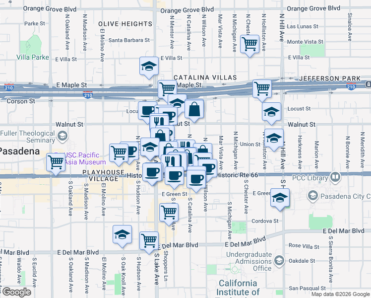 map of restaurants, bars, coffee shops, grocery stores, and more near in Pasadena