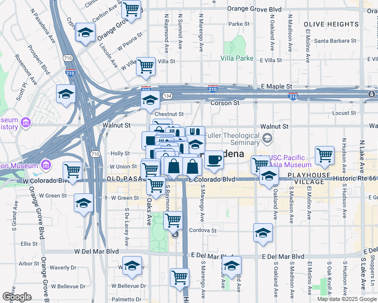 map of restaurants, bars, coffee shops, grocery stores, and more near 75 North Marengo Avenue in Pasadena