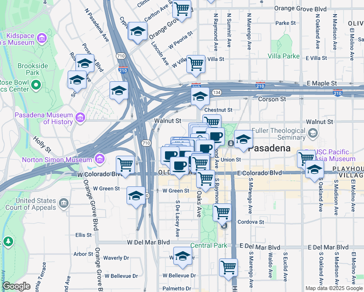 map of restaurants, bars, coffee shops, grocery stores, and more near 164N South De Lacey Avenue in Pasadena