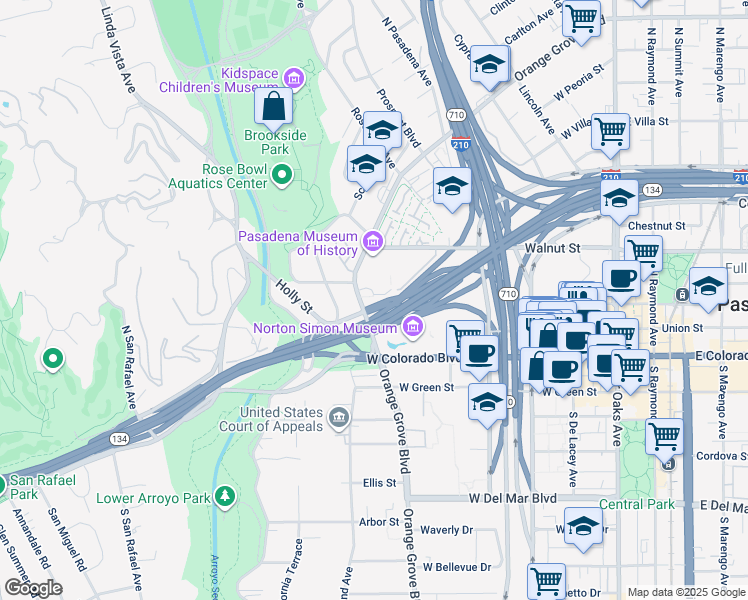 map of restaurants, bars, coffee shops, grocery stores, and more near 124 North Orange Grove Boulevard in Pasadena