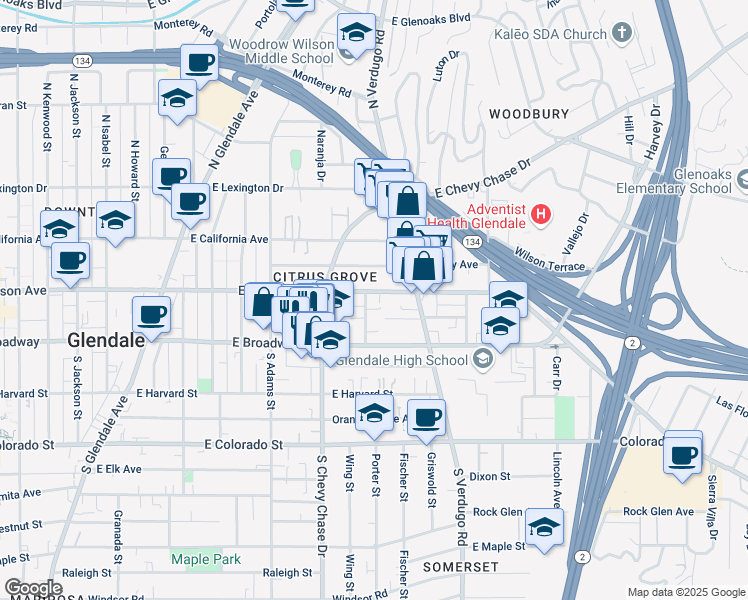 map of restaurants, bars, coffee shops, grocery stores, and more near 134 Olive Street in Glendale