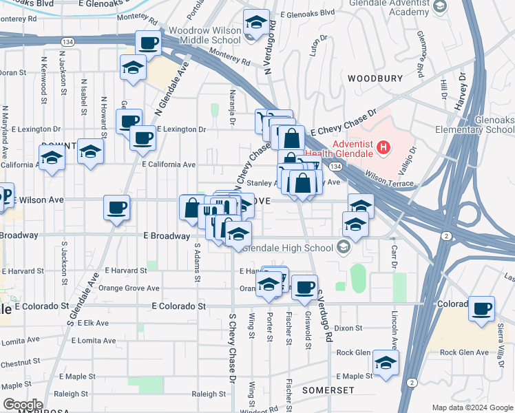 map of restaurants, bars, coffee shops, grocery stores, and more near 134 Olive Street in Glendale