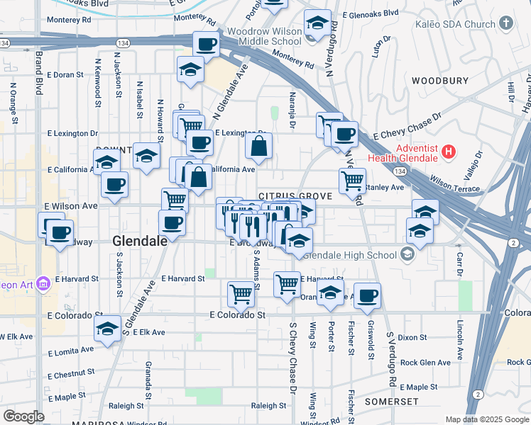 map of restaurants, bars, coffee shops, grocery stores, and more near 135 North Adams Street in Glendale