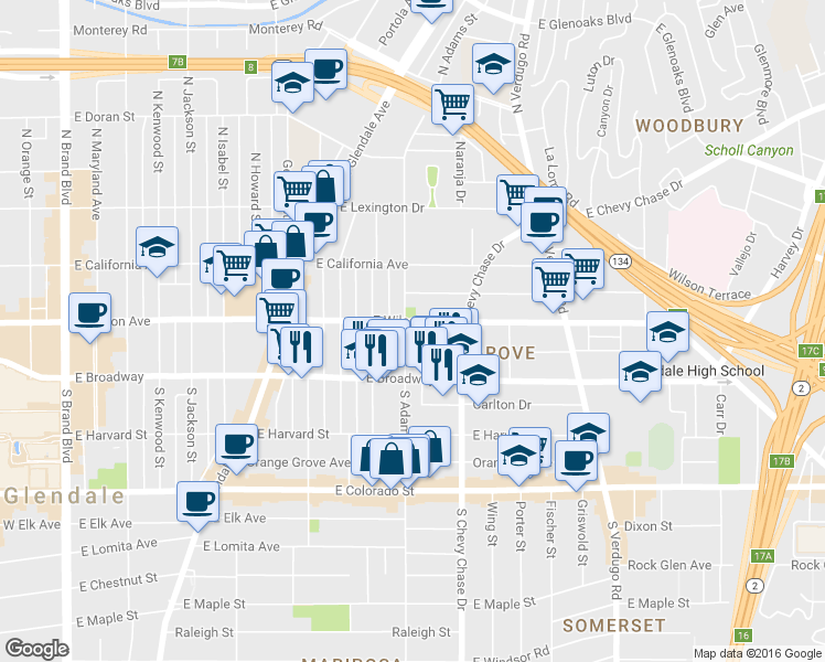 map of restaurants, bars, coffee shops, grocery stores, and more near 135 North Adams Street in Glendale