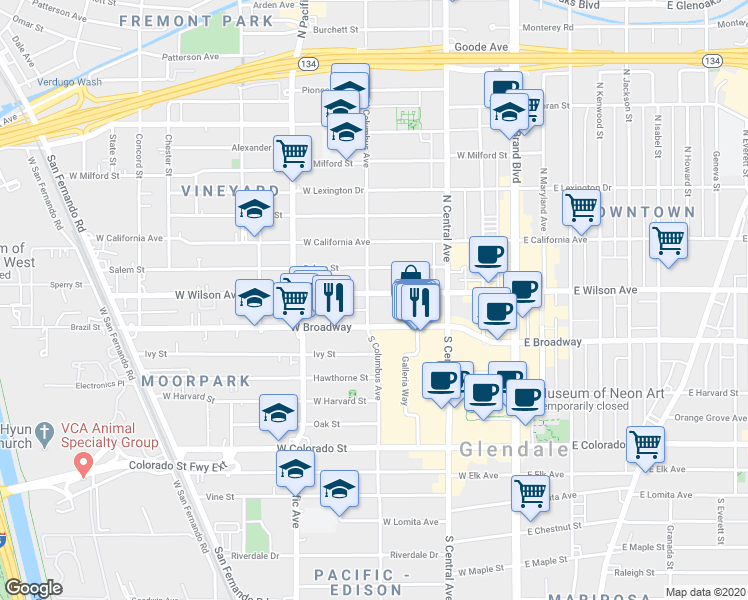 map of restaurants, bars, coffee shops, grocery stores, and more near 117 North Columbus Avenue in Glendale