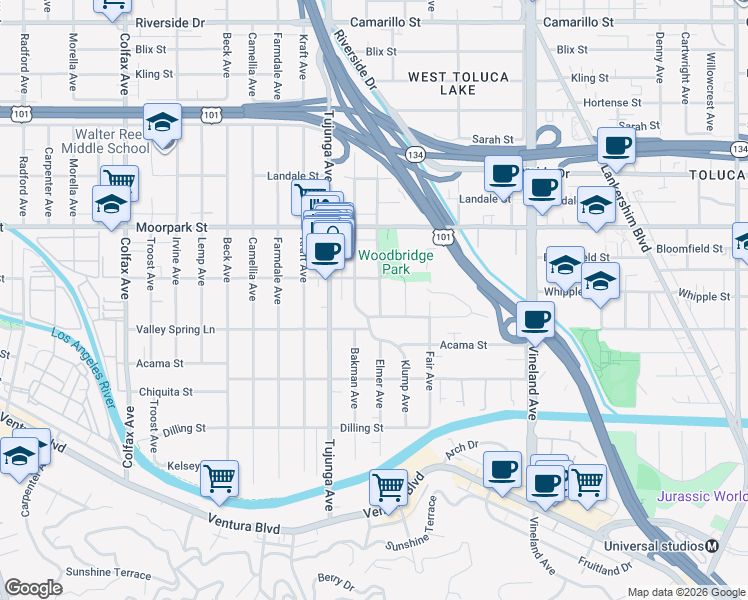 map of restaurants, bars, coffee shops, grocery stores, and more near 4291 Elmer Avenue in Los Angeles