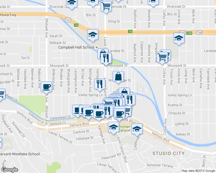 map of restaurants, bars, coffee shops, grocery stores, and more near 4211 Laurel Canyon Boulevard in Los Angeles