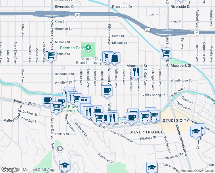 map of restaurants, bars, coffee shops, grocery stores, and more near 4223 1/2 Whitsett Avenue in Los Angeles