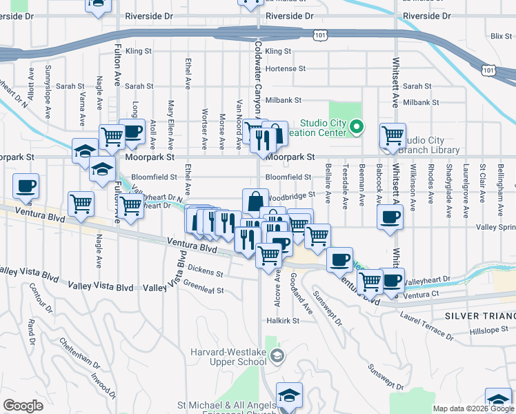 map of restaurants, bars, coffee shops, grocery stores, and more near 12931 Valleyheart Drive in Los Angeles