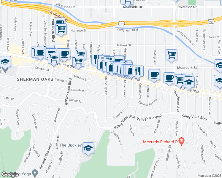 map of restaurants, bars, coffee shops, grocery stores, and more near 4223 Hazeltine Avenue in Los Angeles