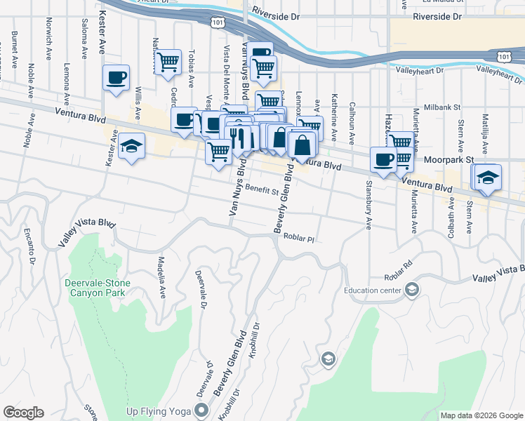 map of restaurants, bars, coffee shops, grocery stores, and more near 14426 Greenleaf Street in Los Angeles