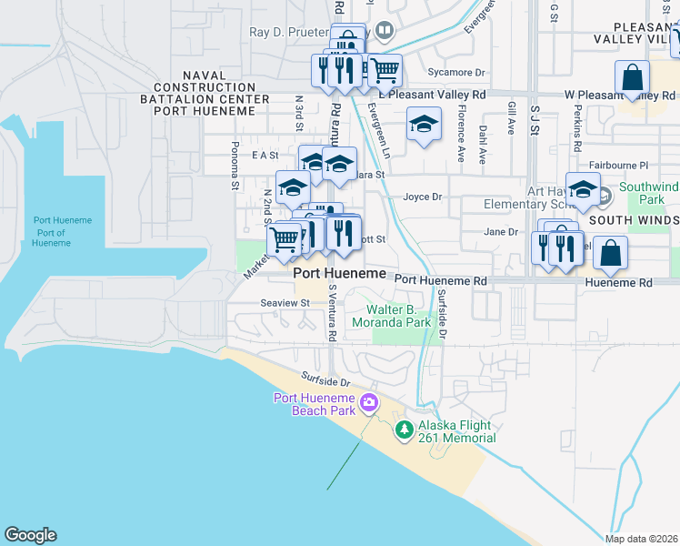 map of restaurants, bars, coffee shops, grocery stores, and more near in Port Hueneme