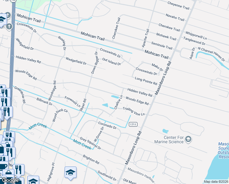 map of restaurants, bars, coffee shops, grocery stores, and more near 5112 Woods Edge Road in Wilmington