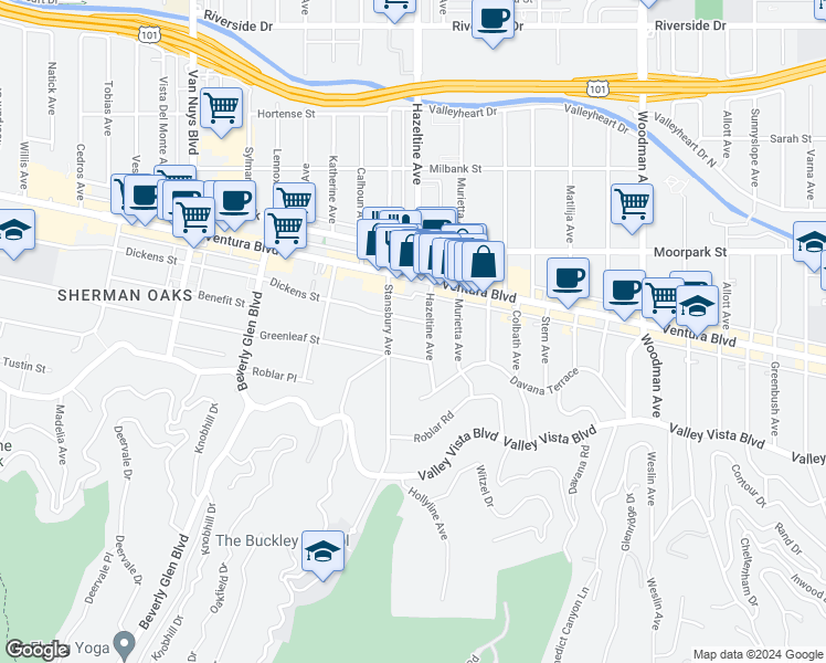map of restaurants, bars, coffee shops, grocery stores, and more near 14100 Dickens Street in Los Angeles