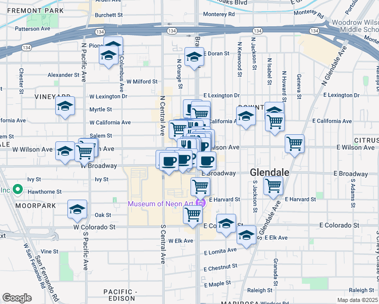 map of restaurants, bars, coffee shops, grocery stores, and more near 101 North Brand Boulevard in Glendale