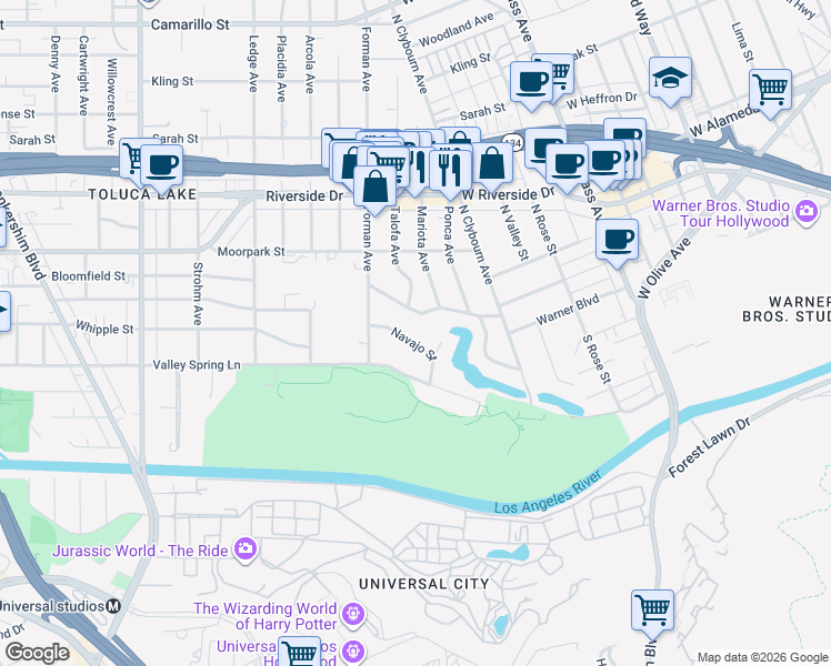 map of restaurants, bars, coffee shops, grocery stores, and more near 4256 Navajo Street in Los Angeles