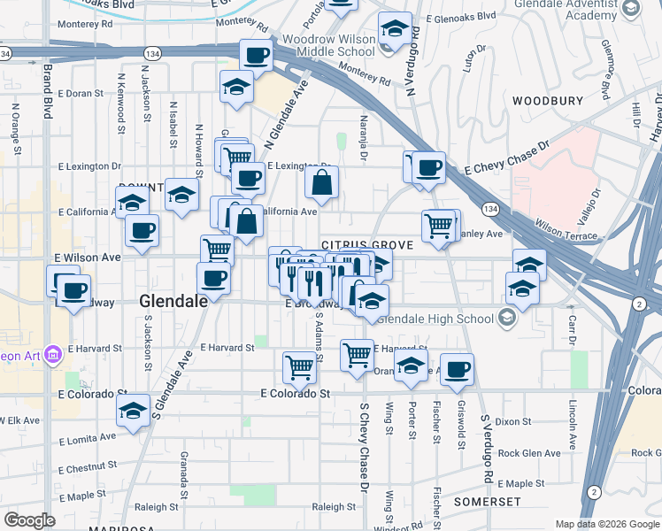 map of restaurants, bars, coffee shops, grocery stores, and more near 135 North Adams Street in Glendale