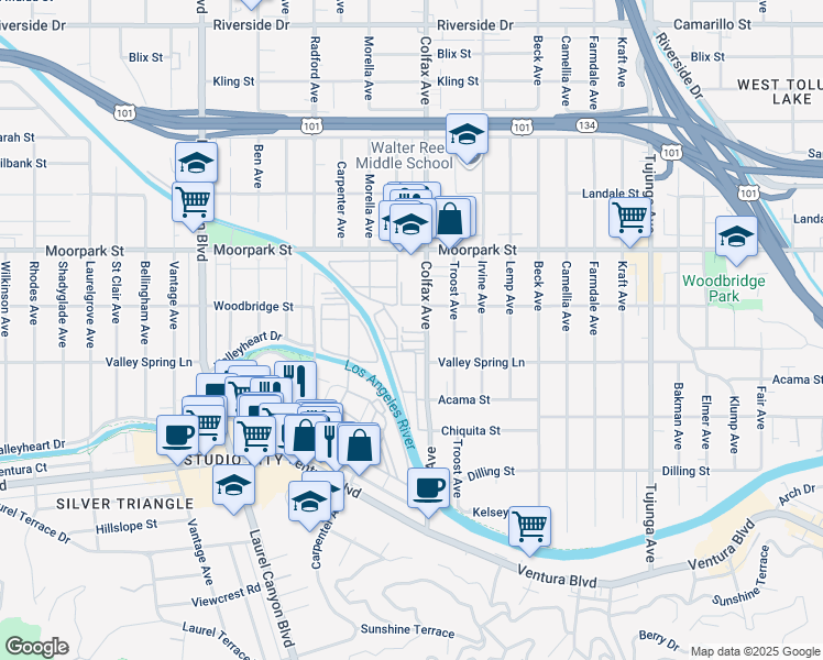 map of restaurants, bars, coffee shops, grocery stores, and more near 4311 Colfax Avenue in Los Angeles