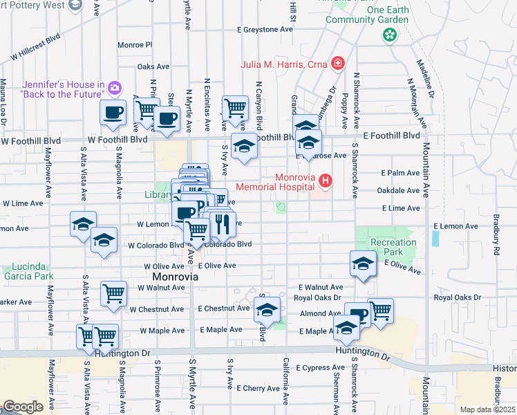 map of restaurants, bars, coffee shops, grocery stores, and more near 401 South Canyon Boulevard in Monrovia