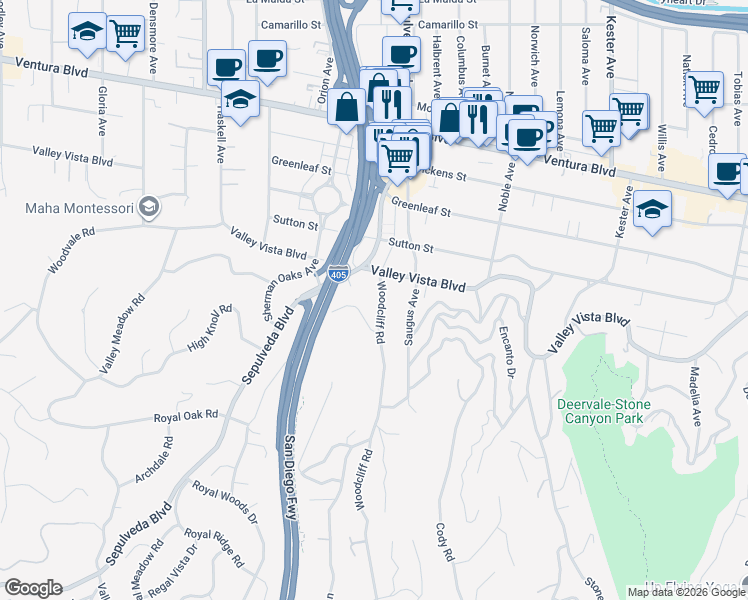 map of restaurants, bars, coffee shops, grocery stores, and more near 4228 Woodcliff Road in Los Angeles