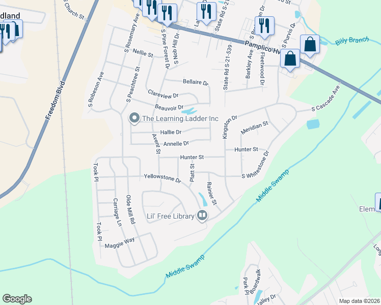 map of restaurants, bars, coffee shops, grocery stores, and more near 1402 Hunter Street in Florence