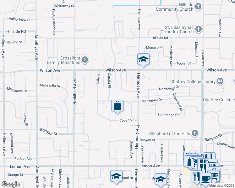 map of restaurants, bars, coffee shops, grocery stores, and more near 9979 Timbermist Court in Rancho Cucamonga