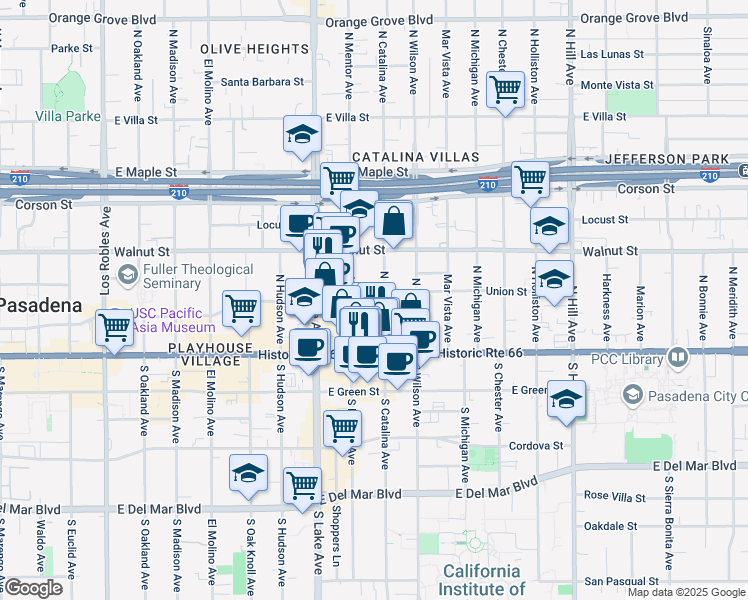 map of restaurants, bars, coffee shops, grocery stores, and more near 73 North Catalina Avenue in Pasadena