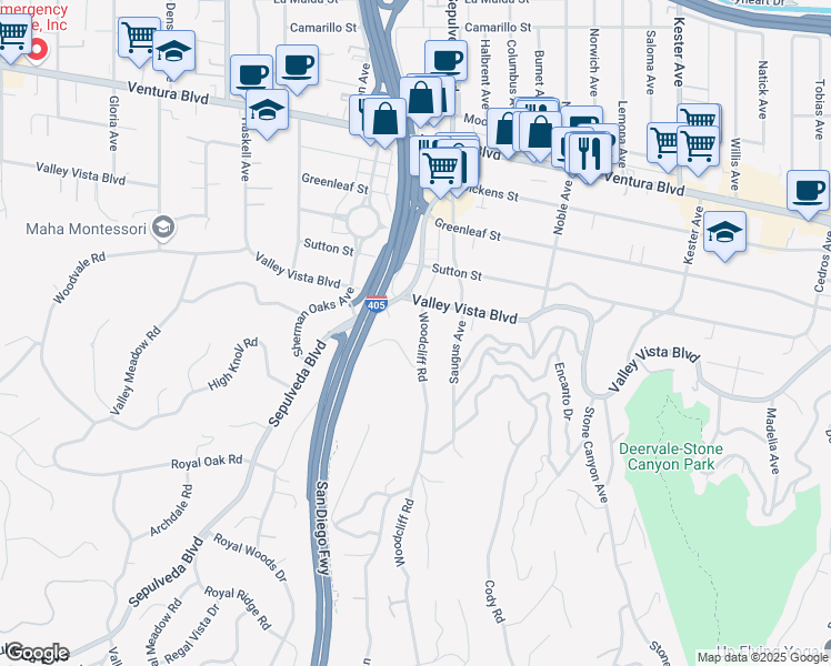 map of restaurants, bars, coffee shops, grocery stores, and more near 4241 Woodcliff Road in Los Angeles