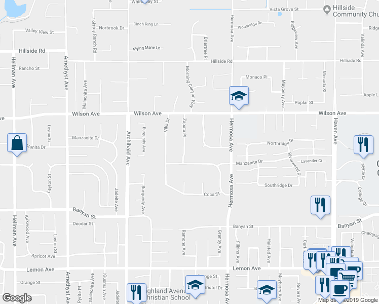 map of restaurants, bars, coffee shops, grocery stores, and more near 5885 Zapata Place in Rancho Cucamonga