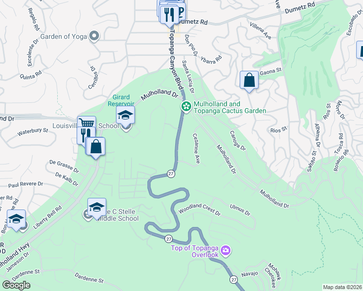 map of restaurants, bars, coffee shops, grocery stores, and more near 4348 Topanga Canyon Boulevard in Los Angeles