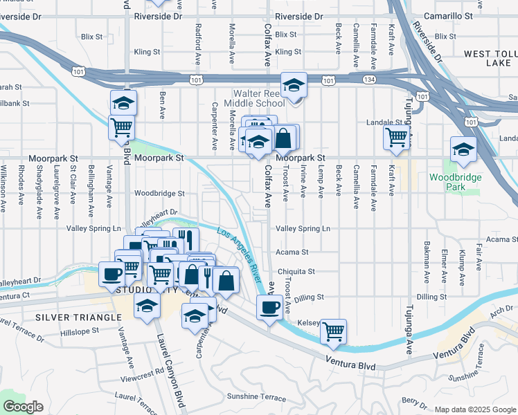 map of restaurants, bars, coffee shops, grocery stores, and more near 4311 Colfax Avenue in Los Angeles