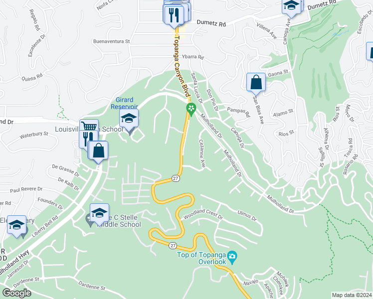 map of restaurants, bars, coffee shops, grocery stores, and more near 4348 Topanga Canyon Boulevard in Los Angeles