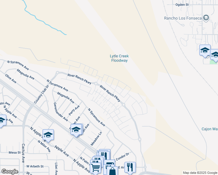map of restaurants, bars, coffee shops, grocery stores, and more near 2516 Yellowstone Way in Rialto