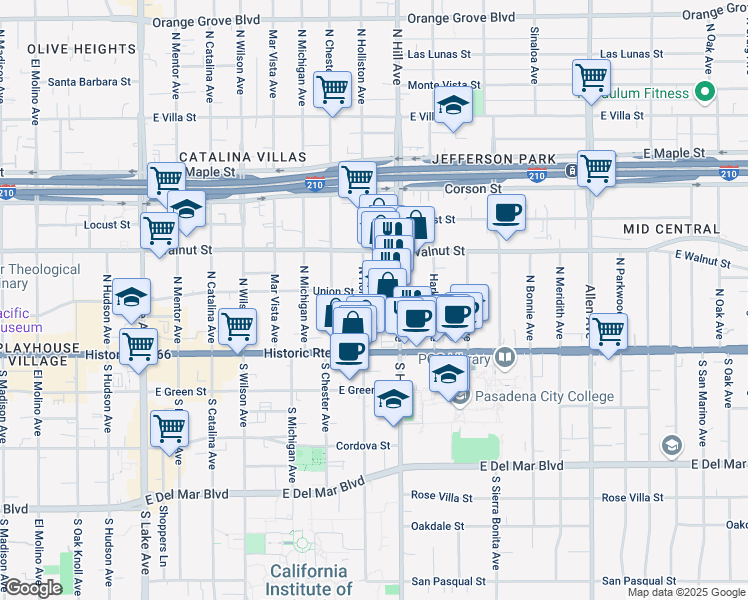 map of restaurants, bars, coffee shops, grocery stores, and more near 102 North Holliston Avenue in Pasadena