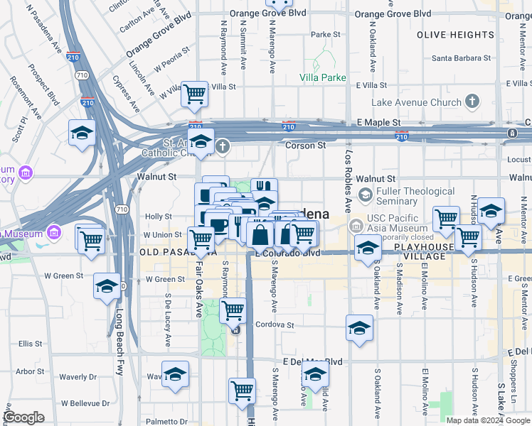 map of restaurants, bars, coffee shops, grocery stores, and more near 75 North Marengo Avenue in Pasadena